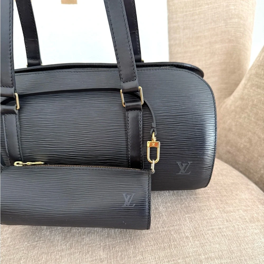 Authentic Louis Vuitton Soufflot bag Black Epi Leather with mini pouch M52862
